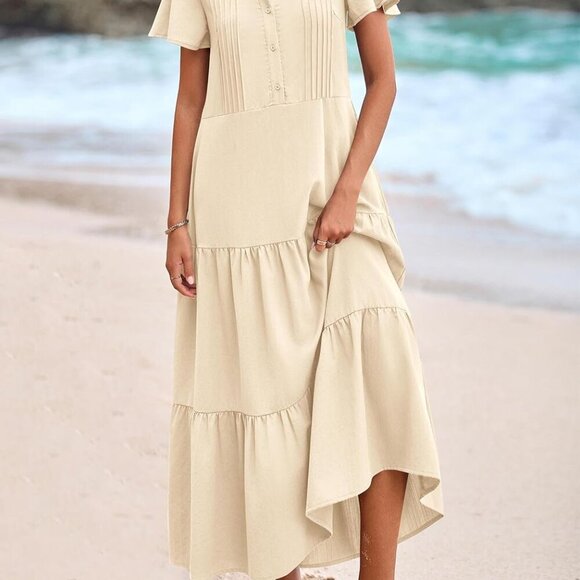 Summer Maxi Dresses for Women 2025 Spring Fashion Short Sleeve Button V Neck Ple - Picture 3 of 8